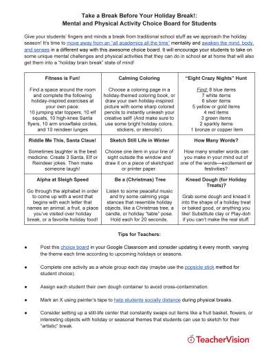 Take a Break Activity Choice Board